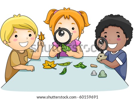 A Small Group of Kids Inspecting Leaves Through Magnifying Lenses - Vector