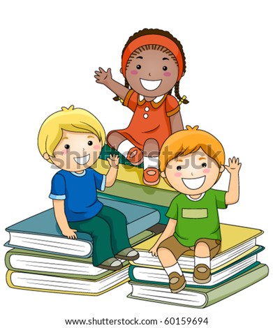 A Small Group of Kids Sitting on Piles of Books - Vector