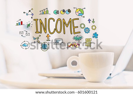 Income concept with a cup of coffee and a laptop