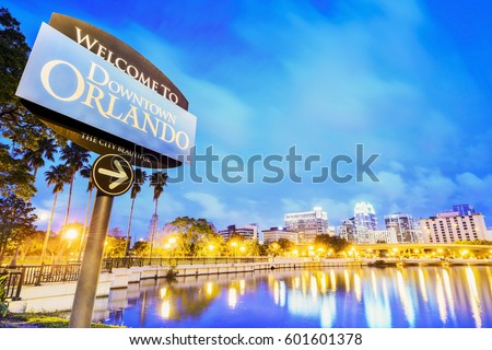 Downtown Orlando. City skyline. Located in Lake Eola Park, Orlando, Florida, USA. Royalty-Free Stock Photo #601601378