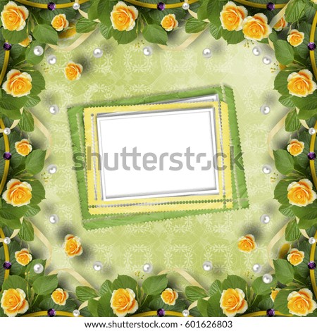 Beautiful greeting card with bouquet of yellow roses, ribbons and frame