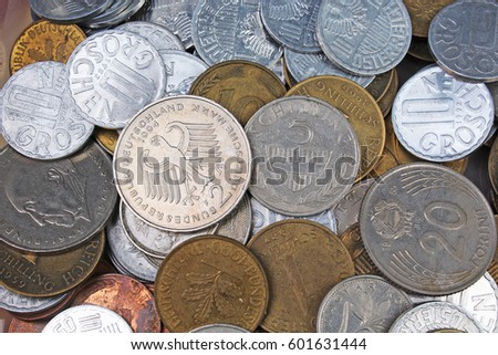 
Old invalid coins from europe. History coins texture pattern Money coins background. Filler Schilling Groschen Pfennig Mark Forint