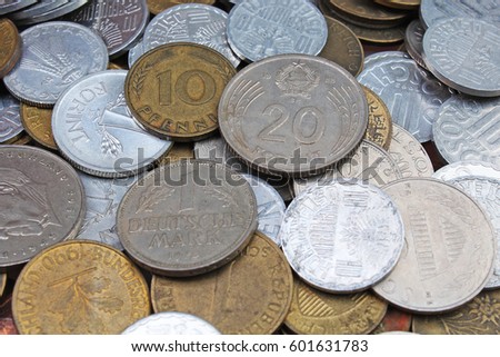 
Old invalid coins from europe. History coins texture pattern Money coins background. Filler Schilling Groschen Pfennig Mark Forint