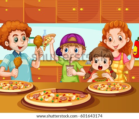 Family having pizza in kitchen illustration