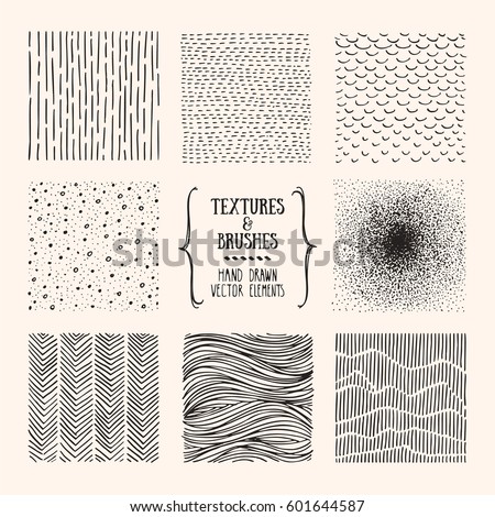 Hand drawn textures and brushes. Artistic collection of vector design elements: tiles, dots, bubbles, brush strokes, paint dabs, wavy lines, abstract backgrounds, stippling patterns made with ink.