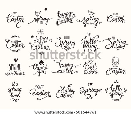 Happy Easter, springtime handwritten lettering & cute spring symbols. Modern brush calligraphy & design elements for greeting card, invitation, banner, poster, flyer templates. Isolated vector set.