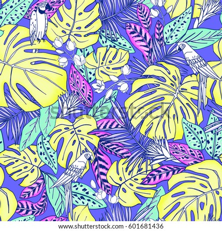 seamless graphical funky tropical pattern with monstera leaf, areca palm leaf, tropic plants and flowers. Parrot. Outlined background allover print design.