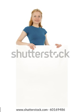 Smiling young women behind a blank banner ad, isolated on white.