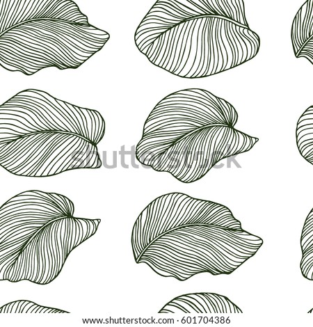 Vector seamless pattern with hand drawn tropical leaves. Graceful plants. Beautiful ink drawing.