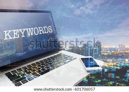 KEYWORDS: Grey computer monitor screen. Digital Business and Technology Concept. Double Exposure Effects.