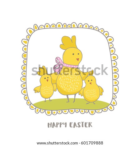 Happy Easter greeting background with cute two chicks friend in frame. Hand drawn vector Illustration.