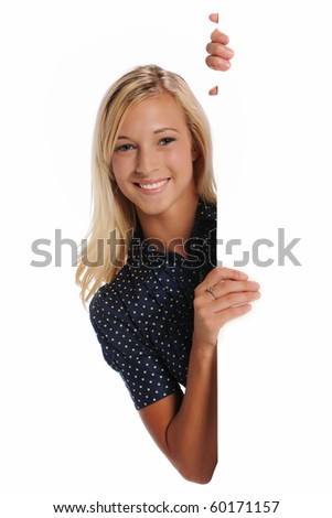 Young Businesswoman holding a blank sign isolated on a white background