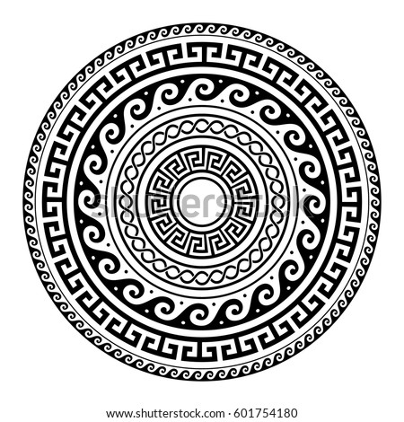 Ancient Greek round key pattern - meander art, mandala black shape Royalty-Free Stock Photo #601754180