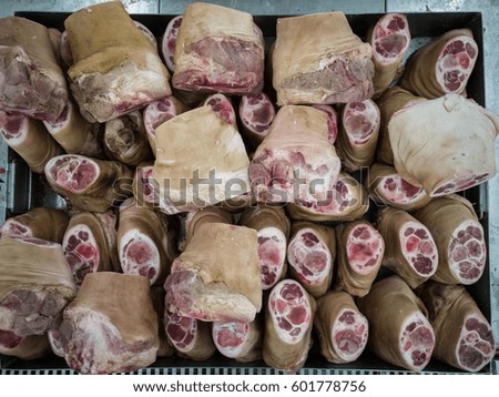 Pork legs meat sold in the market Raw materials for healthy cooking pork meat from farm industry pork ready to cook in Food Storage