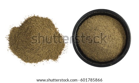 Heap of Ground Black Pepper in Iron Bowl Isolated Top View Royalty-Free Stock Photo #601785866