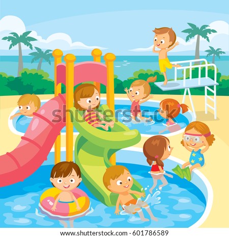 Kids play and swim in aqua park with water slide