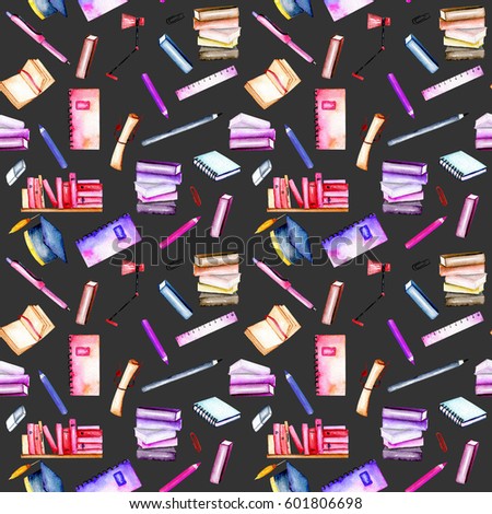 Seamless pattern with watercolor stationery objects, hand painted isolated on a dark background