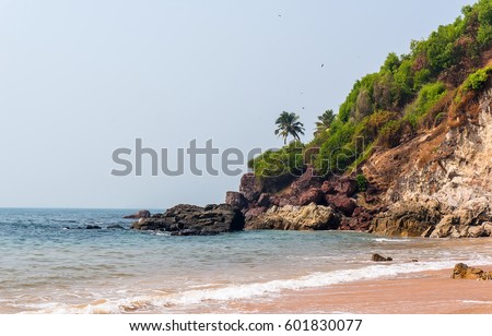 Background with a view of the beautiful beach with a rocky and a palm tree in Vasco da Gama. Goa, India