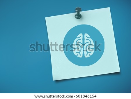 Digital composite of Sticky Note with brain Icon against neutral blue background