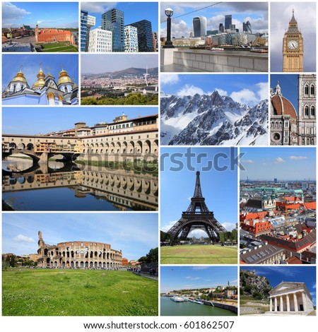Europe landmarks set - tourism attractions collage including London, Oslo, Paris, Rome, Florence, Vienna, Belgrade, Kiev, Greece and Alps.