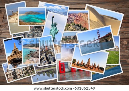 World landmarks collage - photo stack of United States, France, England, Spain, Brazil, New Zealand, Japan, Thailand and Cambodia.