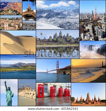 Collection of world travel places - photo collage with Paris, New York, Grand Canyon, Tokyo, London, California, Spain and New Zealand.