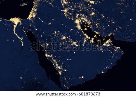 City lights on world map. Arabian Peninsula. Elements of this image are furnished by NASA Royalty-Free Stock Photo #601870673