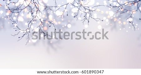 Silver glitter branch banner. Garland sparkles on the tree banner. Light winter morning background.