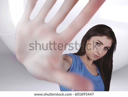 Digital composite of Hand woman perspective against a neutral white background