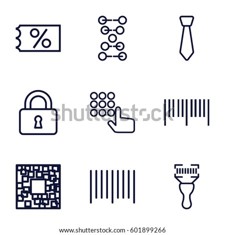 code icons set. Set of 9 code outline icons such as lock, bar code, tie, ticket on sale, dna