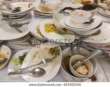 many dirty dish at university canteen Royalty-Free Stock Photo #601900346