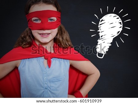 Digital composite of kid and blackboard with lightbulb against a black background