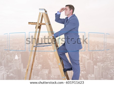 Digital composite of Businessman on a Ladder looking at the future against a city background