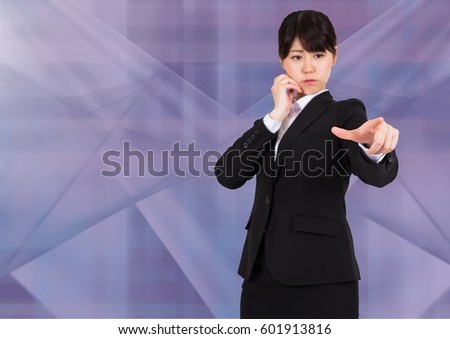 Digital composite of Businesswoman using phone and pointing her hand against purple background