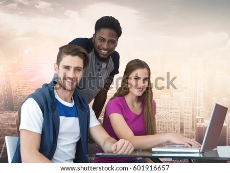 Digital composite of Group of friends using laptop and smiling against a city background