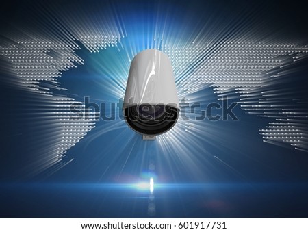 Digital composite of Composite Image of Security camera on white and blue map background