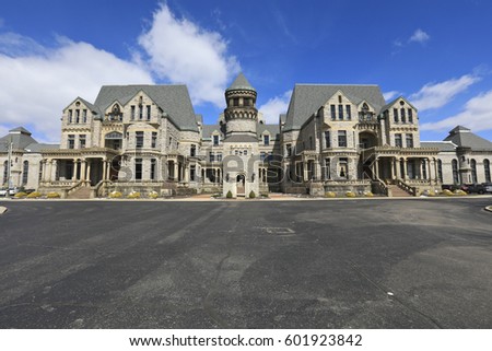 The Ohio State Reformatory in Mansfield Ohio is on the register of historical places.  Tours operate daily, making it a popular tourist attraction. Royalty-Free Stock Photo #601923842