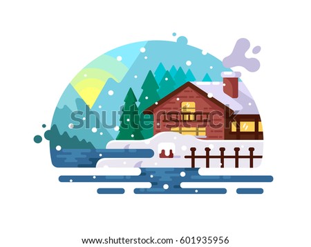 Wooden house on lake shore winter in mountains. Vector illustration