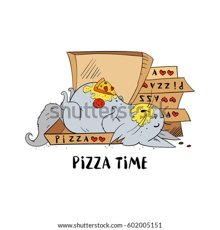 Funny cat sleeping in a box from under the pizza. Fat cat in cartoon style. Vector illustration.