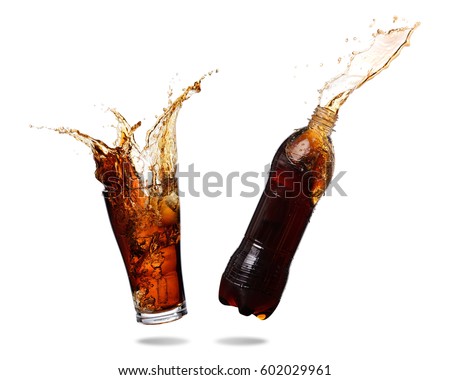 Couple cola splashing out of glass and bottle., Isolated white background. Royalty-Free Stock Photo #602029961