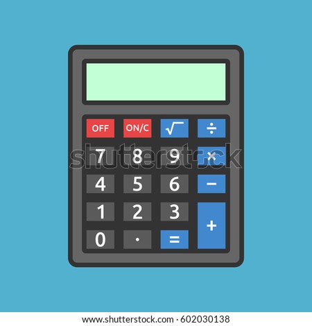 Black calculator with color buttons on blue background. Education, mathematics and accounting concept. Flat design. Vector illustration. EPS 8, no transparency