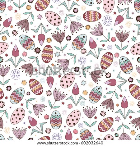 Vector flat seamless pattern  with cute elements for Easter holiday. Funny objects made of childish style 
