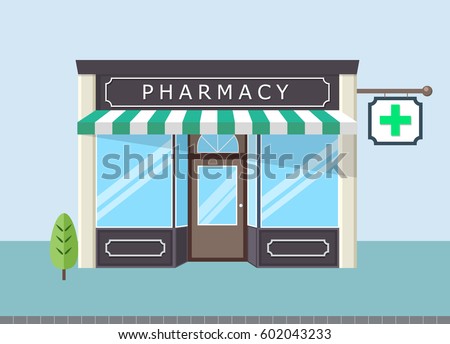 Facade of pharmacy store in  urban space. Royalty-Free Stock Photo #602043233