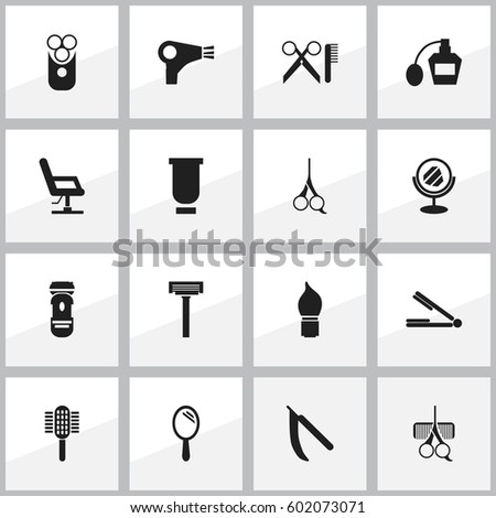 Set Of 16 Editable Hairstylist Icons. Includes Symbols Such As Scrub, Peeper, Desiccator And More. Can Be Used For Web, Mobile, UI And Infographic Design.
