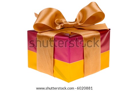 Present with gold ribbon isolated on white background