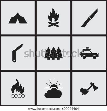 Set Of 9 Editable Trip Icons. Includes Symbols Such As Sunrise, Pine, Refuge And More. Can Be Used For Web, Mobile, UI And Infographic Design.