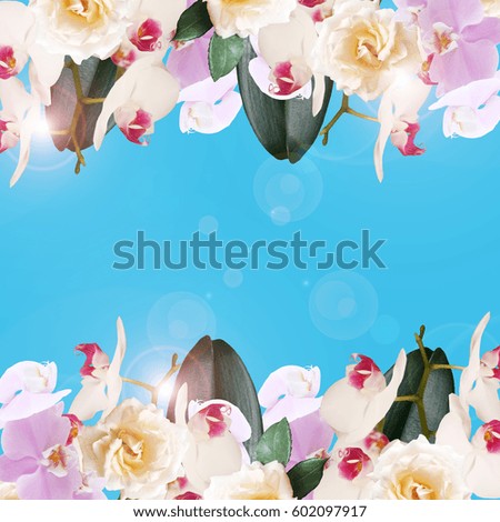 Beautiful floral background of roses and orchids