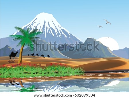 Landscape - mountains and oasis in the desert. A caravan of camels. Lake and palm trees in the desert. Vector illustration