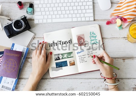 Planning traveling trip notes wanderlust  Royalty-Free Stock Photo #602150045