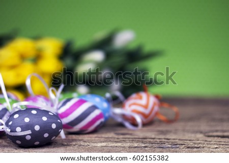 Easter theme. tulips and Eggs  background, place for typography